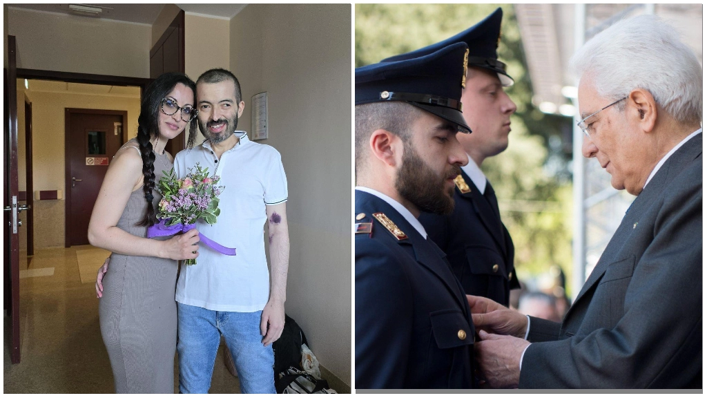 Luca Scatà con la moglie Miriana, sposata in corsia; a destra, premiato dal presidente Sergio Mattarella Luca Scatà con la moglie Miriana, sposata in corsia; a destra, premiato dal presidente Sergio Mattarella