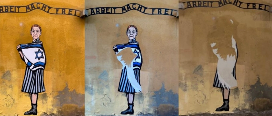 Il murale che ritrae Edith Bruck, integro e dopo i danneggiamenti