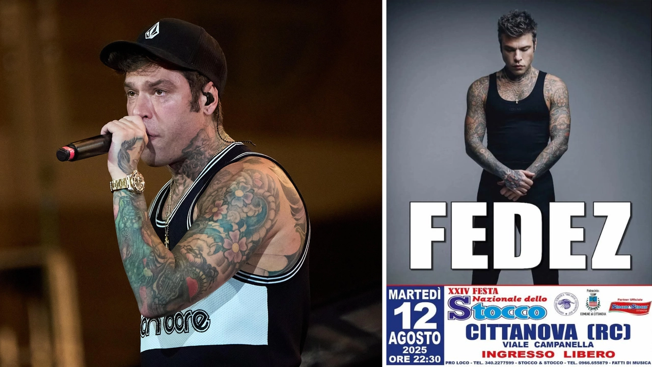 Il rapper Fedez. A destra, il volantino dell'evento a Cittanova Il rapper Fedez. A destra, il volantino dell'evento a Cittanova
