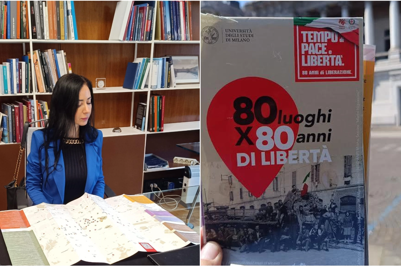 La rettrice Marina Brambilla e la mappa storica di Milano realizzata per gli 80 anni dalla Liberazione dal nazifascismo