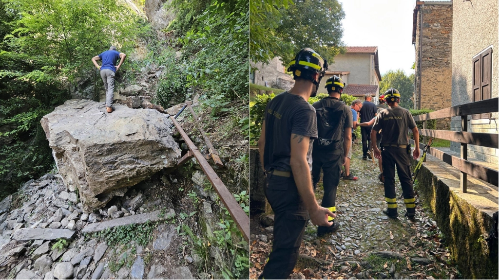 Il macigno franato e i soccorritori a supporto dei vileggianti Il macigno franato e i soccorritori a supporto dei vileggianti
