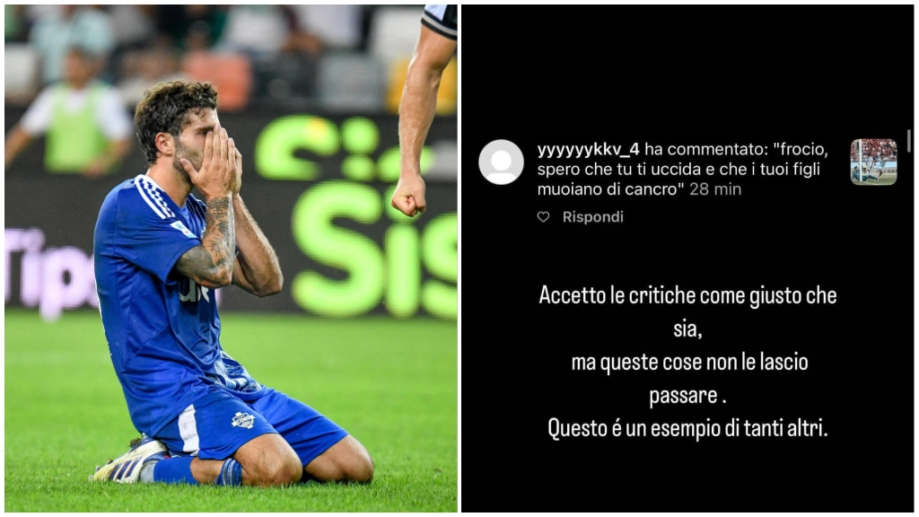 Patrick Cutrone; a lato, uno dei messaggi più violenti ricevuti da lui postato su Instagram Patrick Cutrone; a lato, uno dei messaggi più violenti ricevuti da lui postato su Instagram