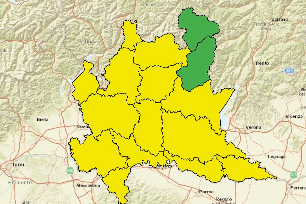 Allerta meteo gialla su quasi tutta la Lombardia tra domenica e lunedì (da allertaLom)