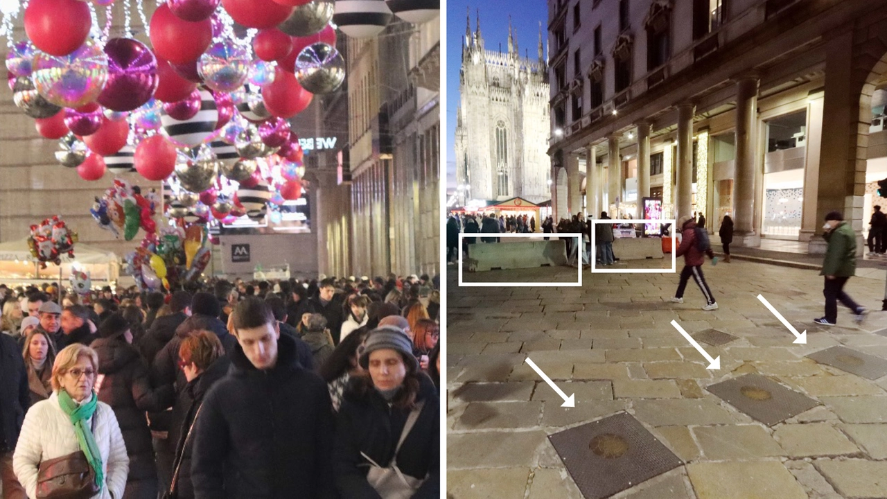 A sinistra, la folla in zona Duomo il 21 dicembre. A destra, i pilomat anti-terrorismo rimasti abbassati, sullo sfondo si vedono i Jersey in cemento (Ansa/Paolo Salmoirago)