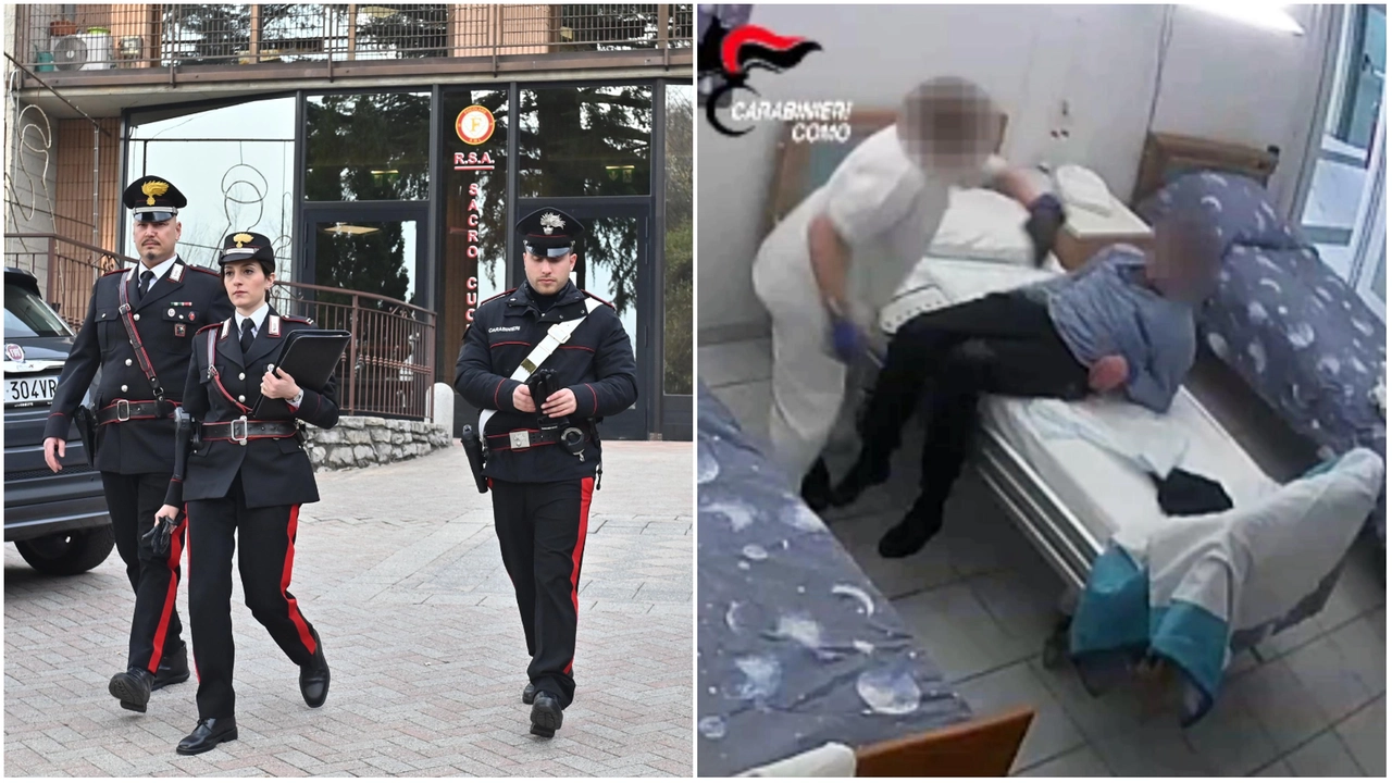 Carabinieri all'esterno della Rsa Sacro Cuore; a destra, il frame da uno dei video che sembrano inchiodare gli operatori socio sanitari alle loro responsabilità