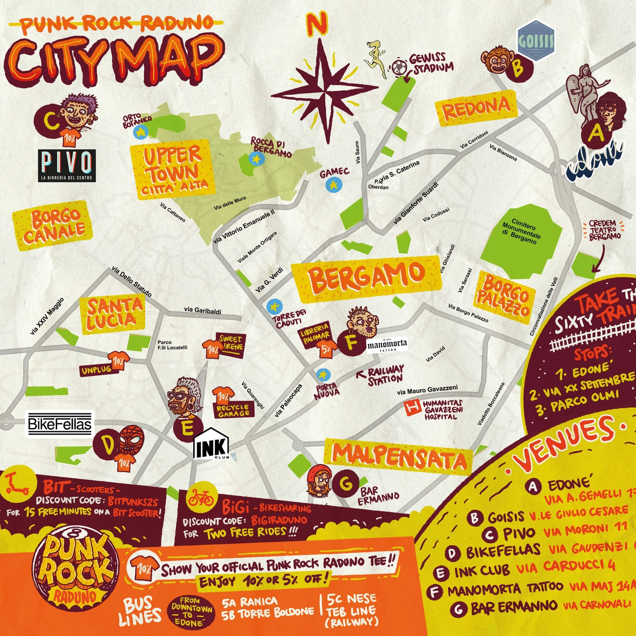 La mappa delle venue che ospiteranno gli eventi del Punk Rock Raduno