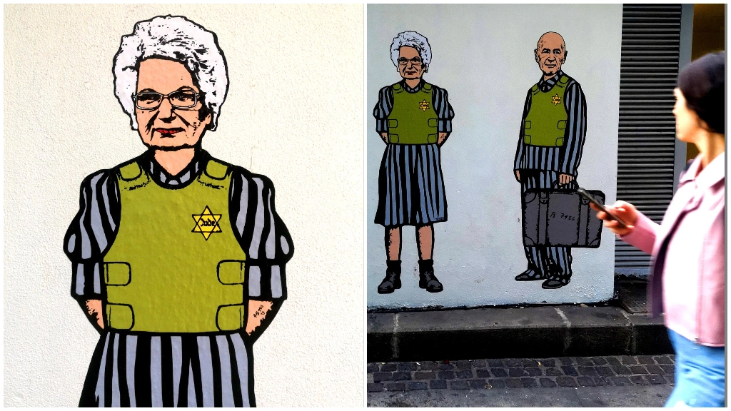 Il particolare del murale con Liliana Segre; a destra, l'intera opera