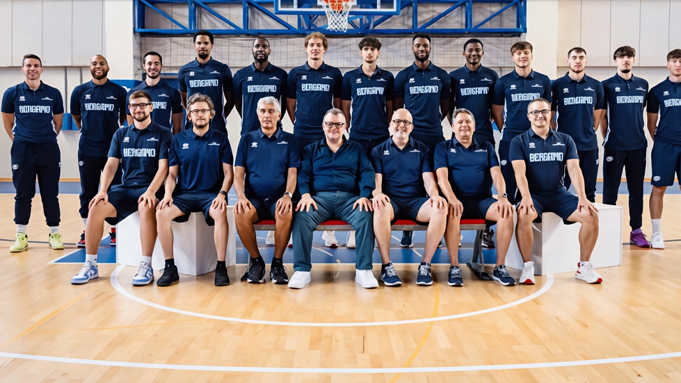 Rosa e staff tecnico della Blu Basket Bergamo in posa e pronti per la stagione