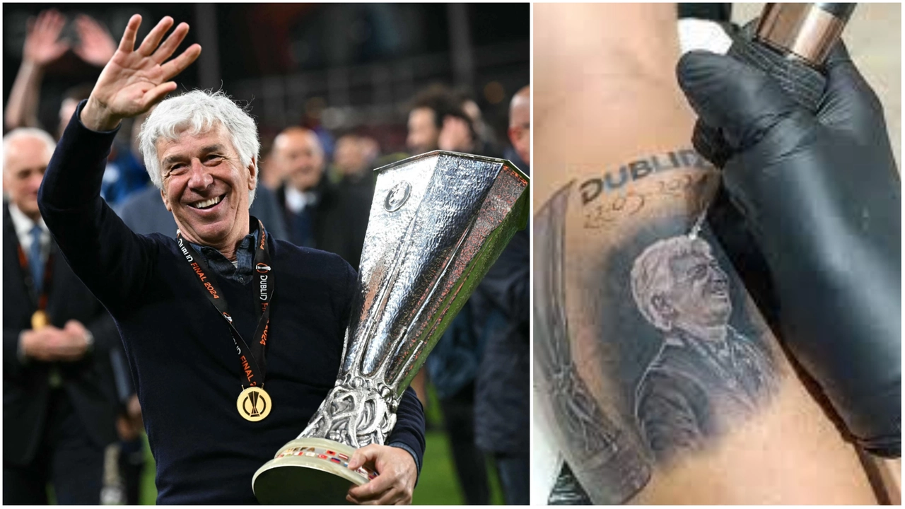 Gian Piero Gasperini mentre festeggia l'Europa League; a destra, uno degli omaggi riservati dalla tifoseria al mister dei miracoli: un tatuaggio Gian Piero Gasperini mentre festeggia l'Europa League; a destra, uno degli omaggi riservati dalla tifoseria al mister dei miracoli: un tatuaggio