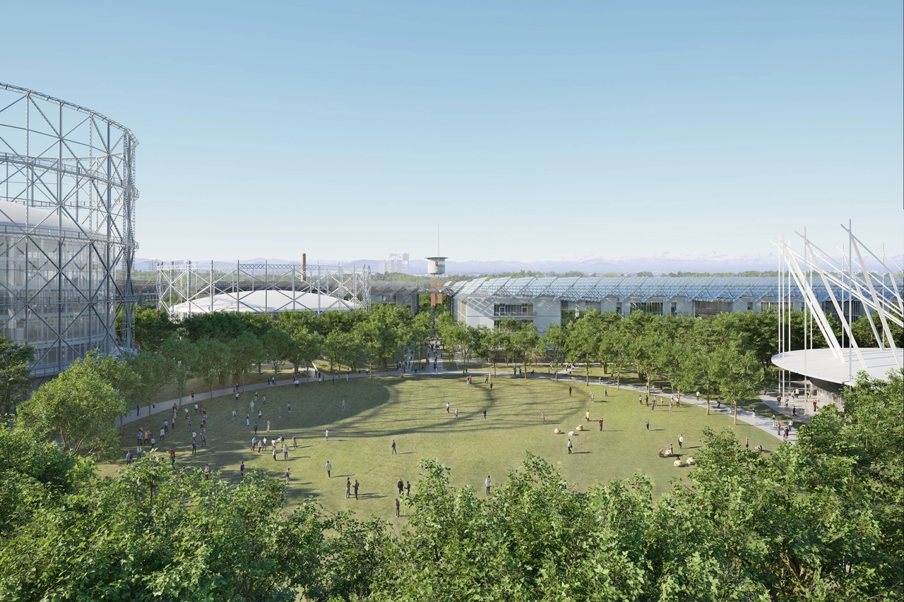 Un rendering del parco dei gasometri sull'area della "Goccia" alla Bovisa