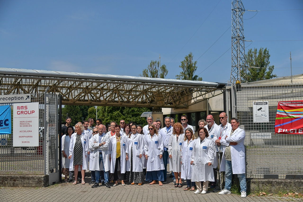 The demonstration this morning, July 18th, in front of the gates of Nerviano Medical Sciences
