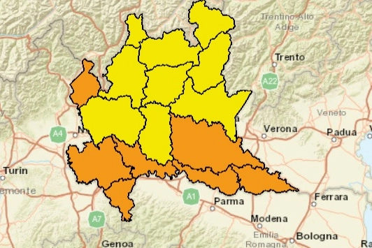 Mappa allerta meteo per forti temporali: avviso di criticità arancione e gialla in Lombardia