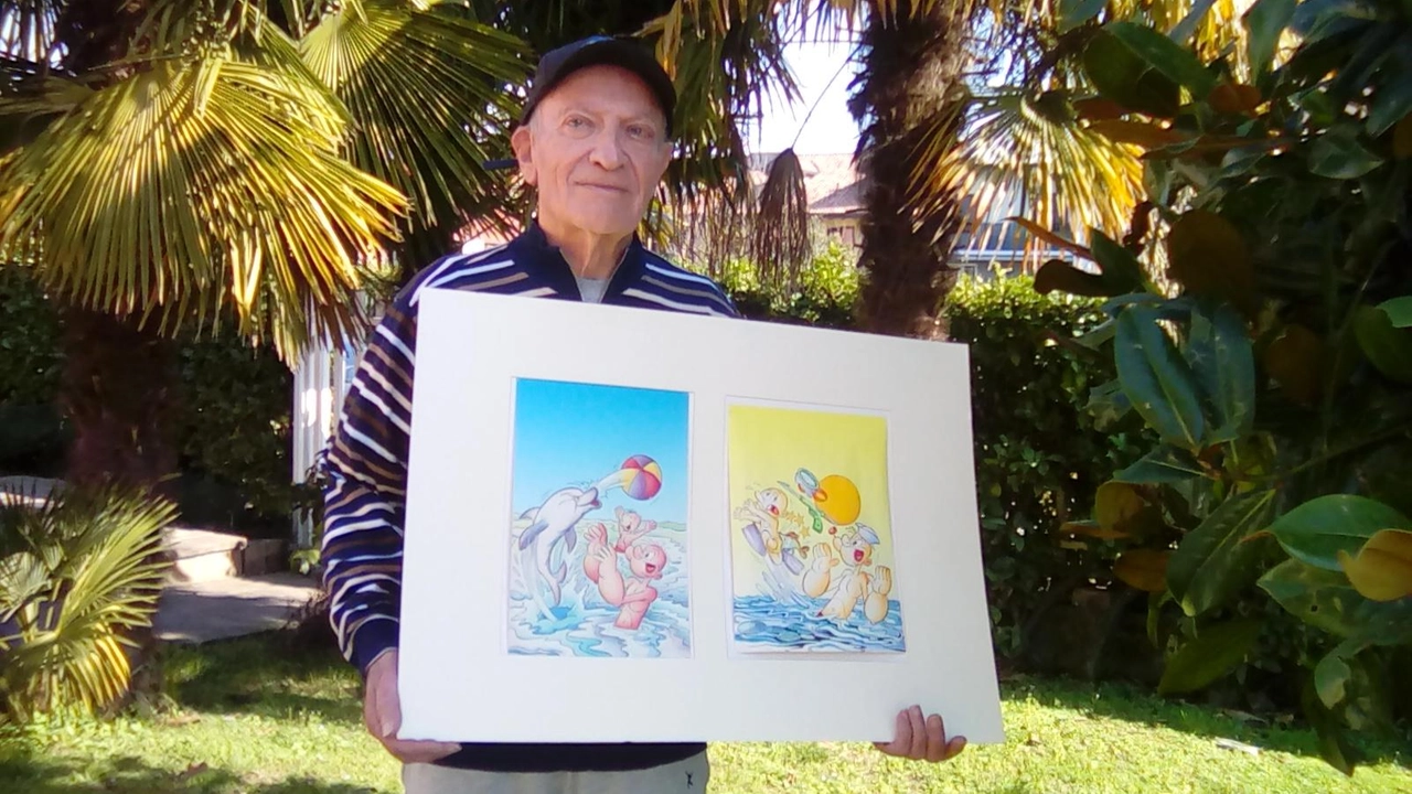 Pierluigi Sangalli con alcuni dei suoi disegni di Braccio di Ferro