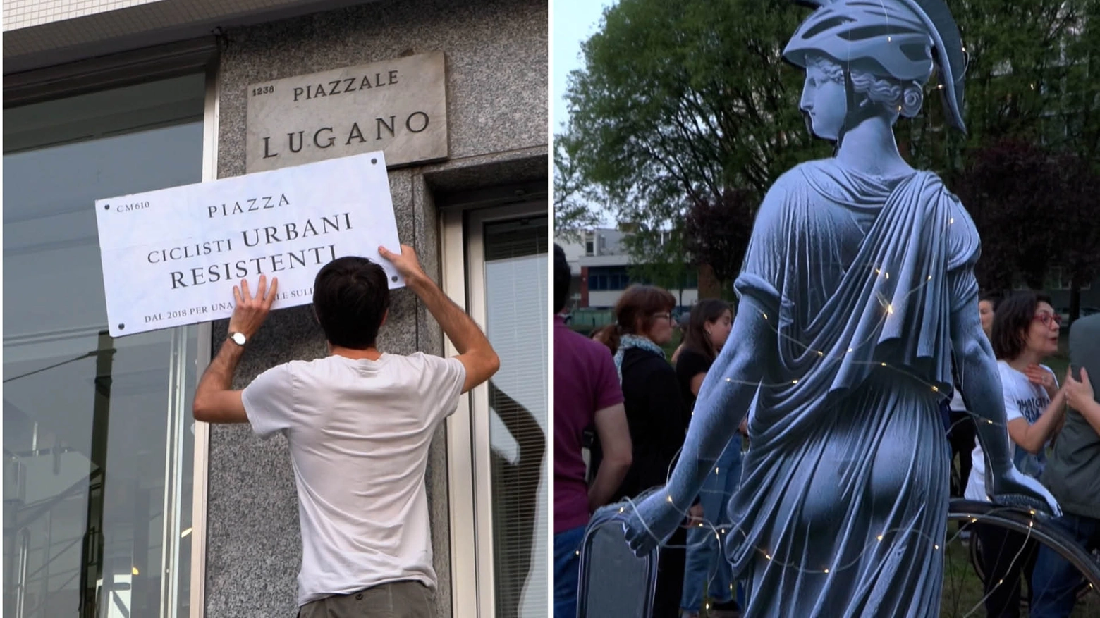 Il momento in cui piazzale Lugano è stato "ribattezzato" e la statua per i ciclisti nel parco adiacente al ponte