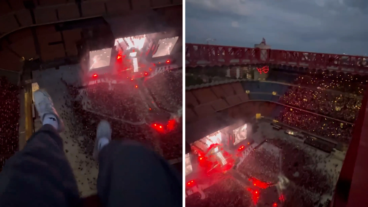 Alcuni fotogrammi del video pubblicato su Instagram, coi piedi a penzoloni sullo stadio di San Siro durante il concerto di Stera Ebbasta
