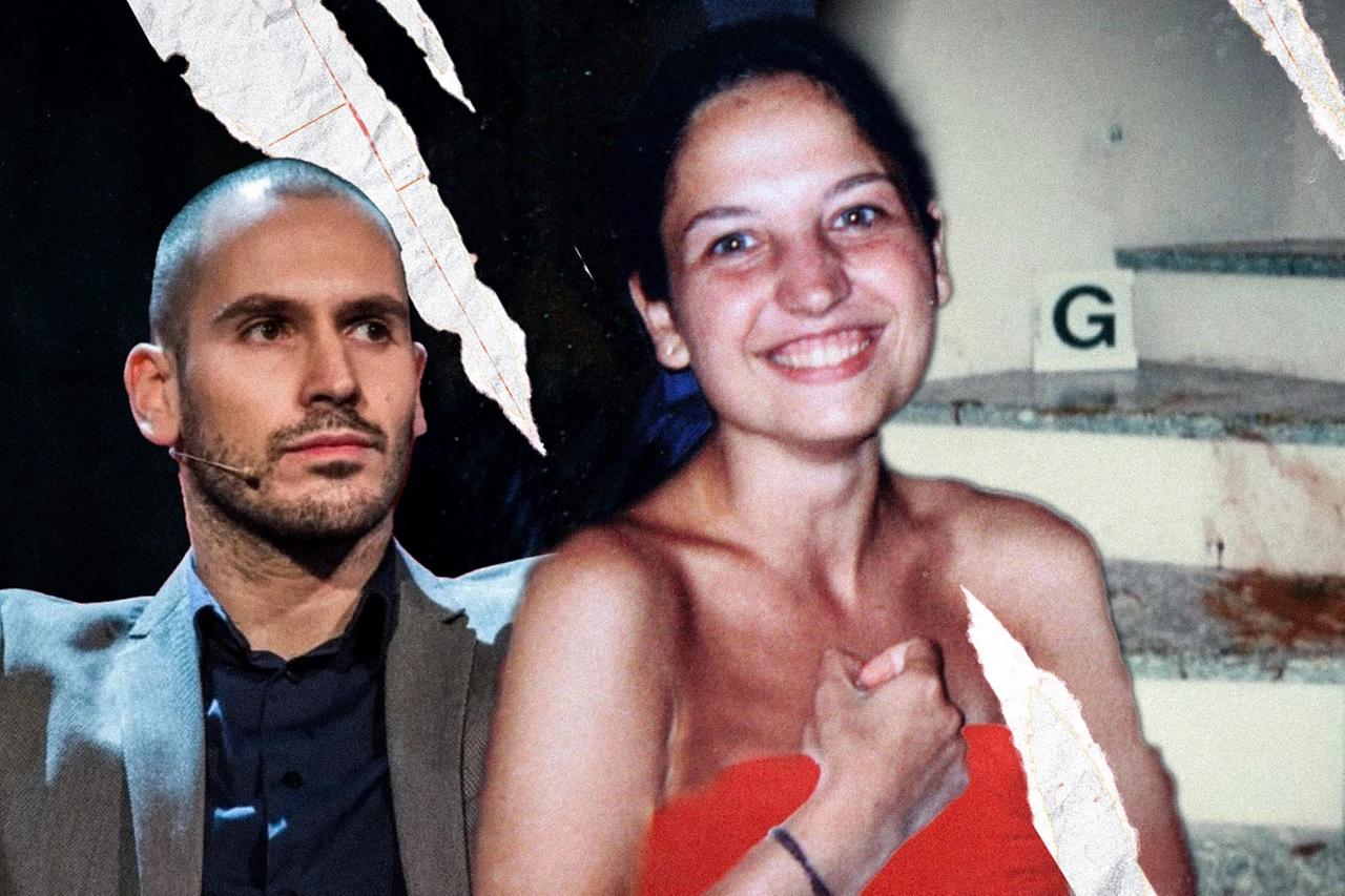 Andrea Sempio e Chiara Poggi. A destra, le scale dove sono state trovate le tracce di sangue della vittima