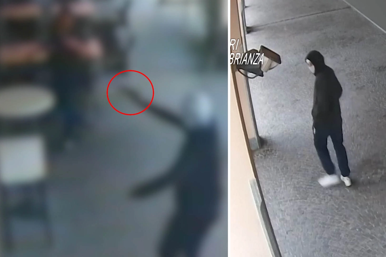L'aggressore ripreso dalle telecamere di sorveglianza: nel primo frame mentre minaccia con una pistola la barista, poi stuprata. Nel secondo mentre si allontana dal locale