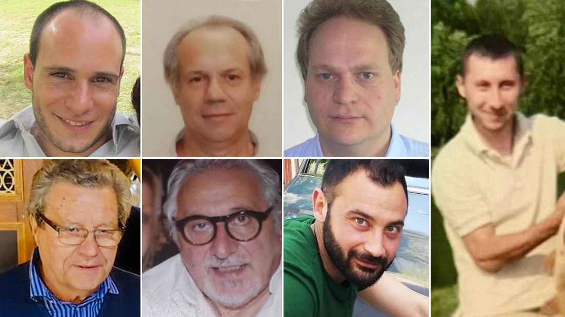 Le vittime dell'esplosione di Suviana. In alto da sinistra Paolo Casiraghi, Adriano Scandellari e Angelo Cotugno. Sotto Vincenzo Franchina, Vincenzo Garzillo e Alessandro D'Andrea. Sul lato a destra Pavel Petronel Tanase