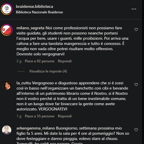 Le obiezioni degli utenti sulla pagina Instagram della Biblioteca Braidense