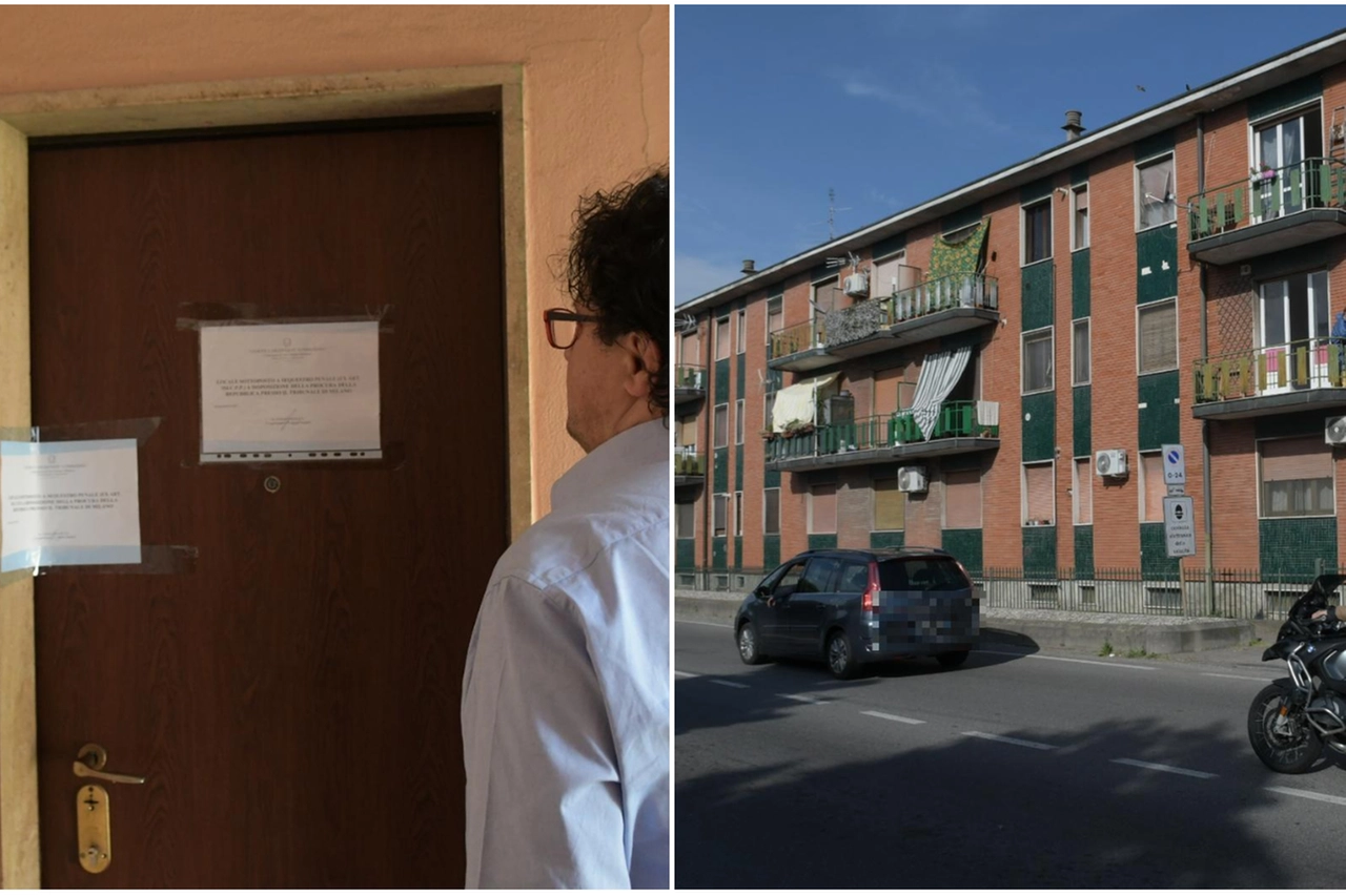 L'ingresso dell'appartamento dell'omicidio; a destra, la palazzina dove vivevano i protagonisti della tragedia (Canali)