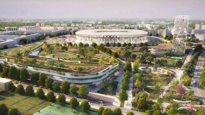 Il rendering prodotto da Milan e Inter nel 2022 che mostra il nuovo stadio a San Siro e il Meazza in buona parte demolito per lasciare spazio a negozi e verde pubblico Il rendering prodotto da Milan e Inter nel 2022 che mostra il nuovo stadio a San Siro e il Meazza in buona parte demolito per lasciare spazio a negozi e verde pubblico