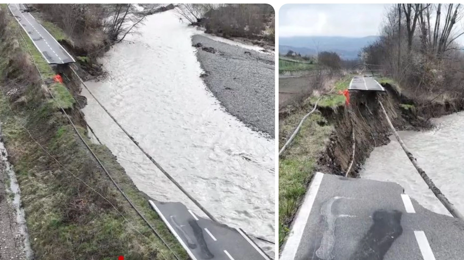 Maltempo in Oltrepo Pavese, crolla la pista ciclopedonale tra Varzi e Voghera (Frame video Locateam)