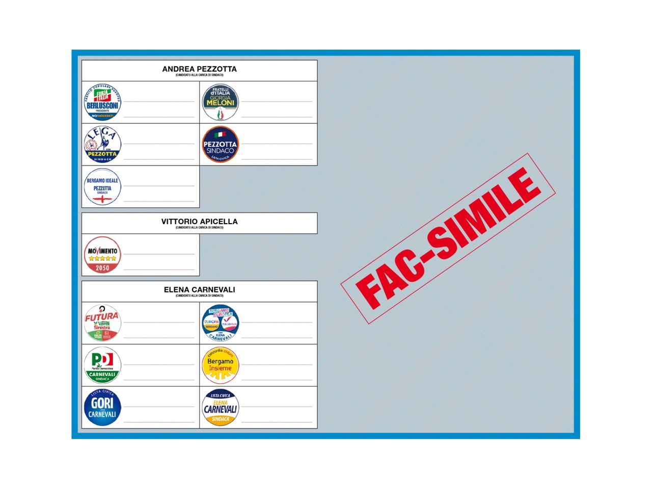 Il fac simile della scheda elettorale di Bergamo, per le elezioni comunali 2024