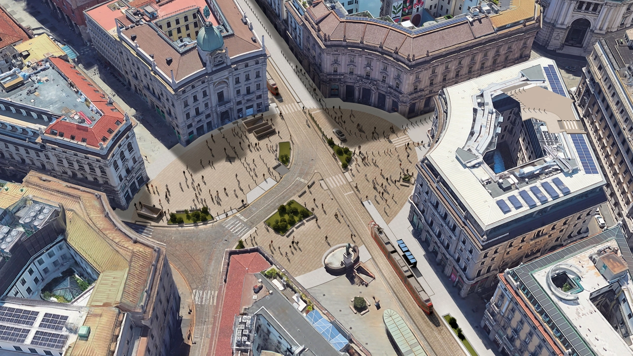 Il rendering con le nuove aiuole nella futura piazza Cordusio Il rendering con le nuove aiuole nella futura piazza Cordusio