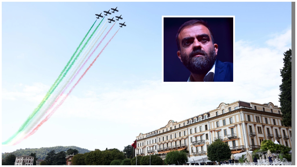 Le Frecce Tricolori a Cernobbio e, nel riquadro, il deputato Marco Grimaldi Le Frecce Tricolori a Cernobbio e, nel riquadro, il deputato Marco Grimaldi
