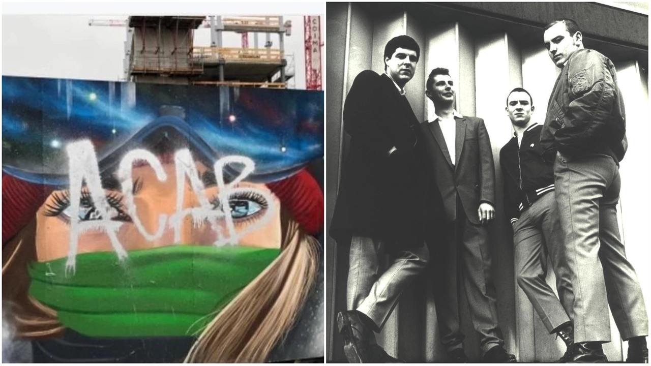 Un graffito ACAB tracciato sui muri a Milano; a destra, una formazione dei 4 Skins, la band inglese che registrò il brano "ACAB" Un graffito ACAB tracciato sui muri a Milano; a destra, una formazione dei 4 Skins, la band inglese che registrò il brano "ACAB"