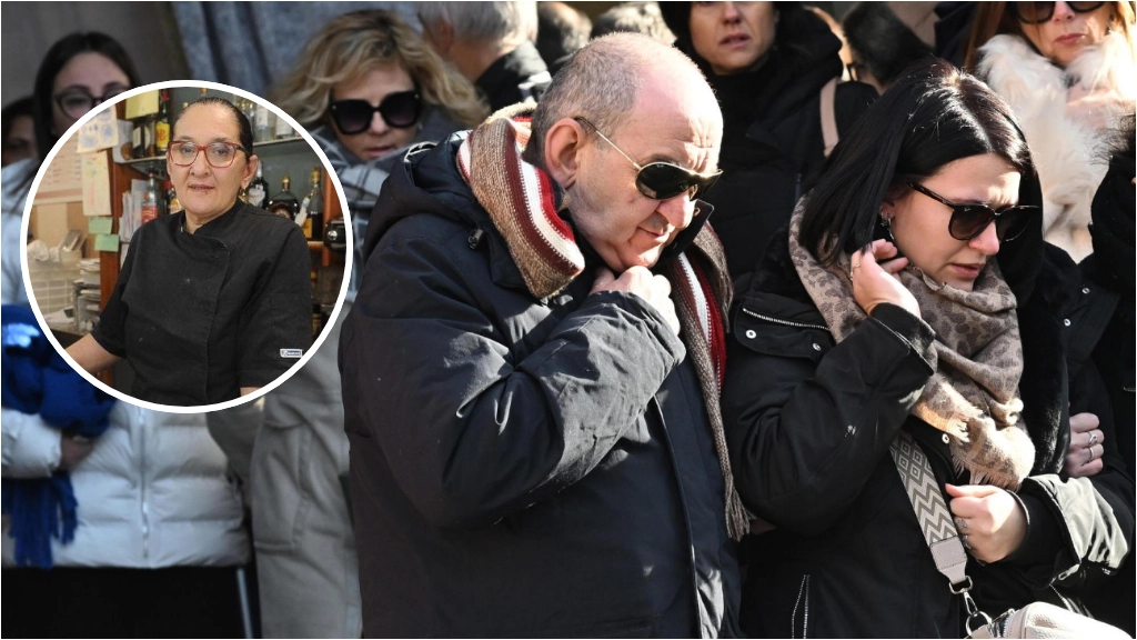 Nel riquadro Giovanna Pedretti, sullo sfondo il marito e la figlia durante i funerali della ristoratrice. Ad oggi i due non si oppongono all'archiviazione