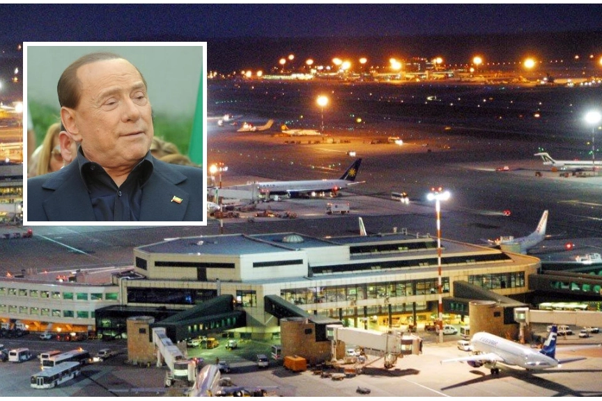 Veduta notturna dell'aeroporto di Malpensa; nel riquadro, Silvio Berlusconi