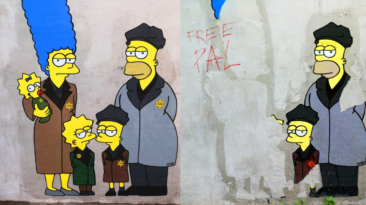 Sul murale è stata apposta la scritta "Free Pal", per denunciare il massacro in corso della popolazione palestinese Sul murale è stata apposta la scritta "Free Pal", per denunciare il massacro in corso della popolazione palestinese