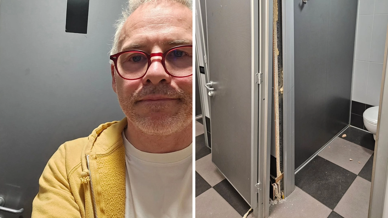 Le foto pubblicare su Instagram dal pilota Jacques Villeneuve, rimasto bloccato nei bagni dell'aeroporto di Milano Malpensa e poi costretto a prendere a calci la porta Le foto pubblicare su Instagram dal pilota Jacques Villeneuve, rimasto bloccato nei bagni dell'aeroporto di Milano Malpensa e poi costretto a prendere a calci la porta