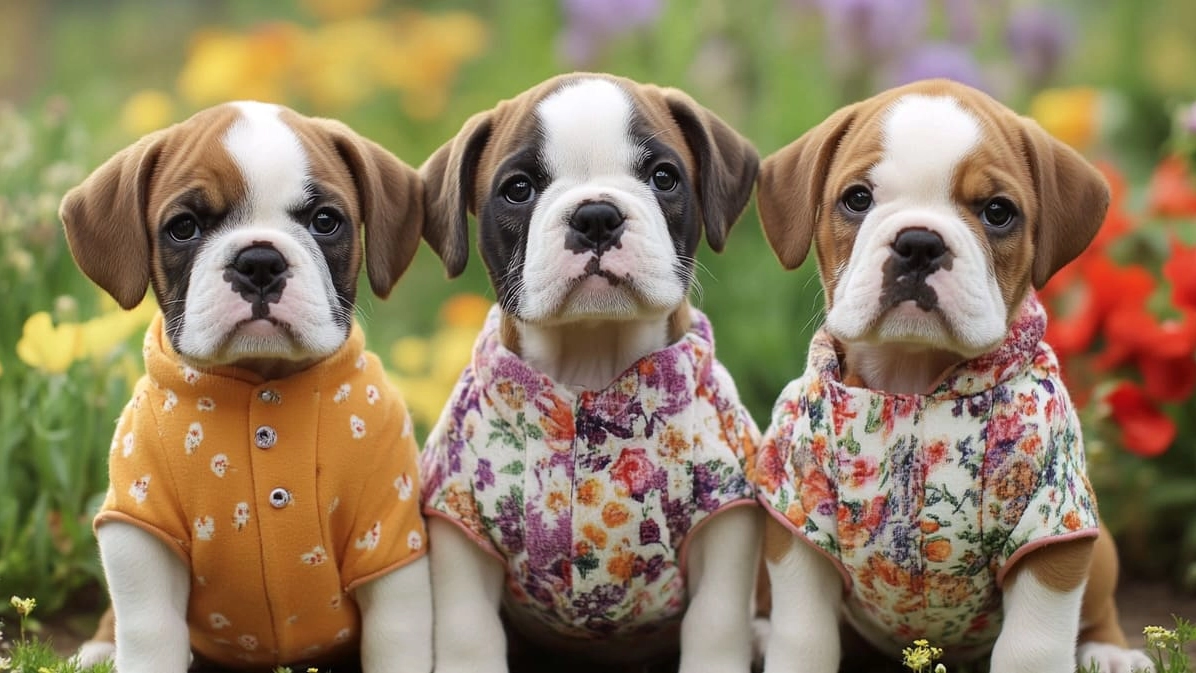Tre cuccioli agghindati a tema floreale Tre cuccioli agghindati a tema floreale