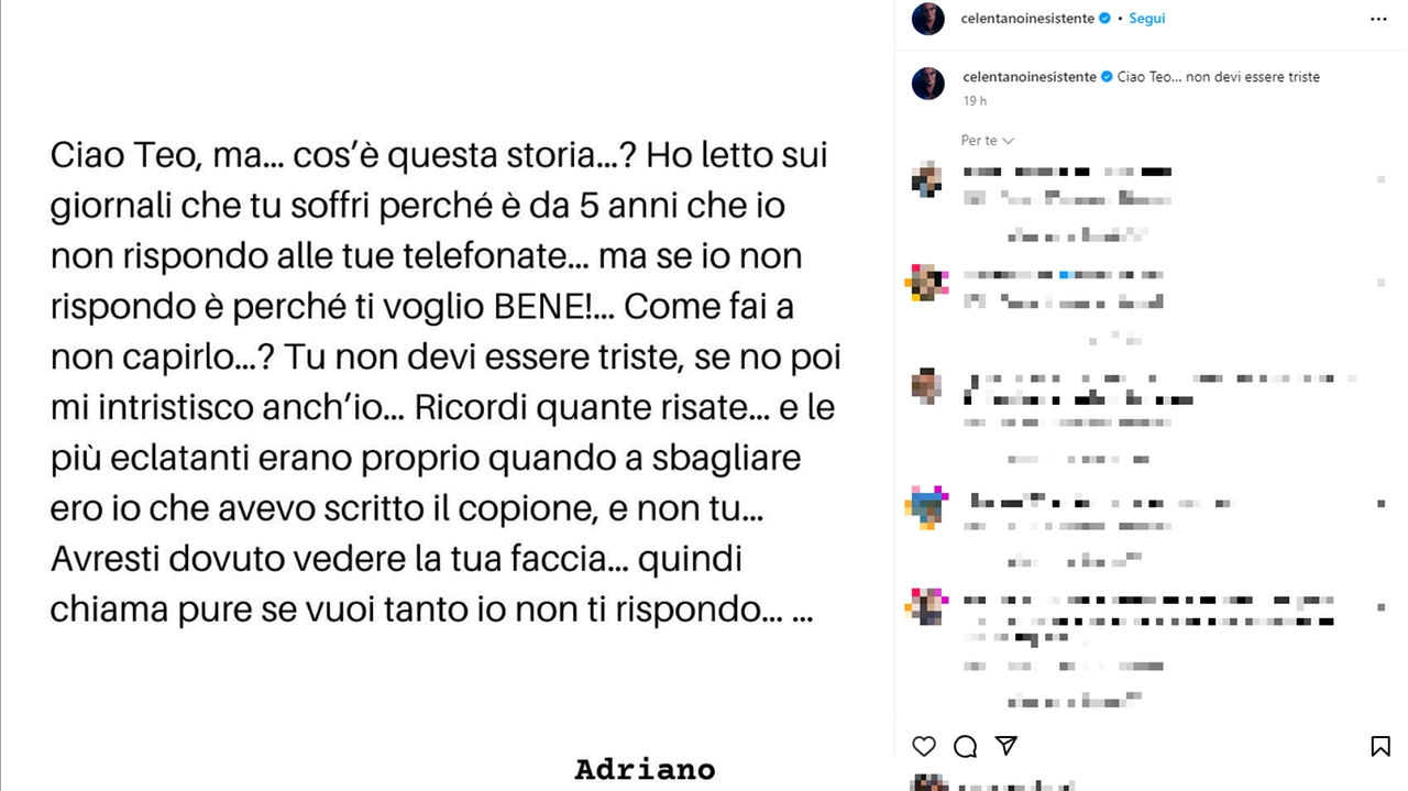 Il post pubblicato da Adriano Celentano sul suo profilo Instagram (@celentanoinesistente)