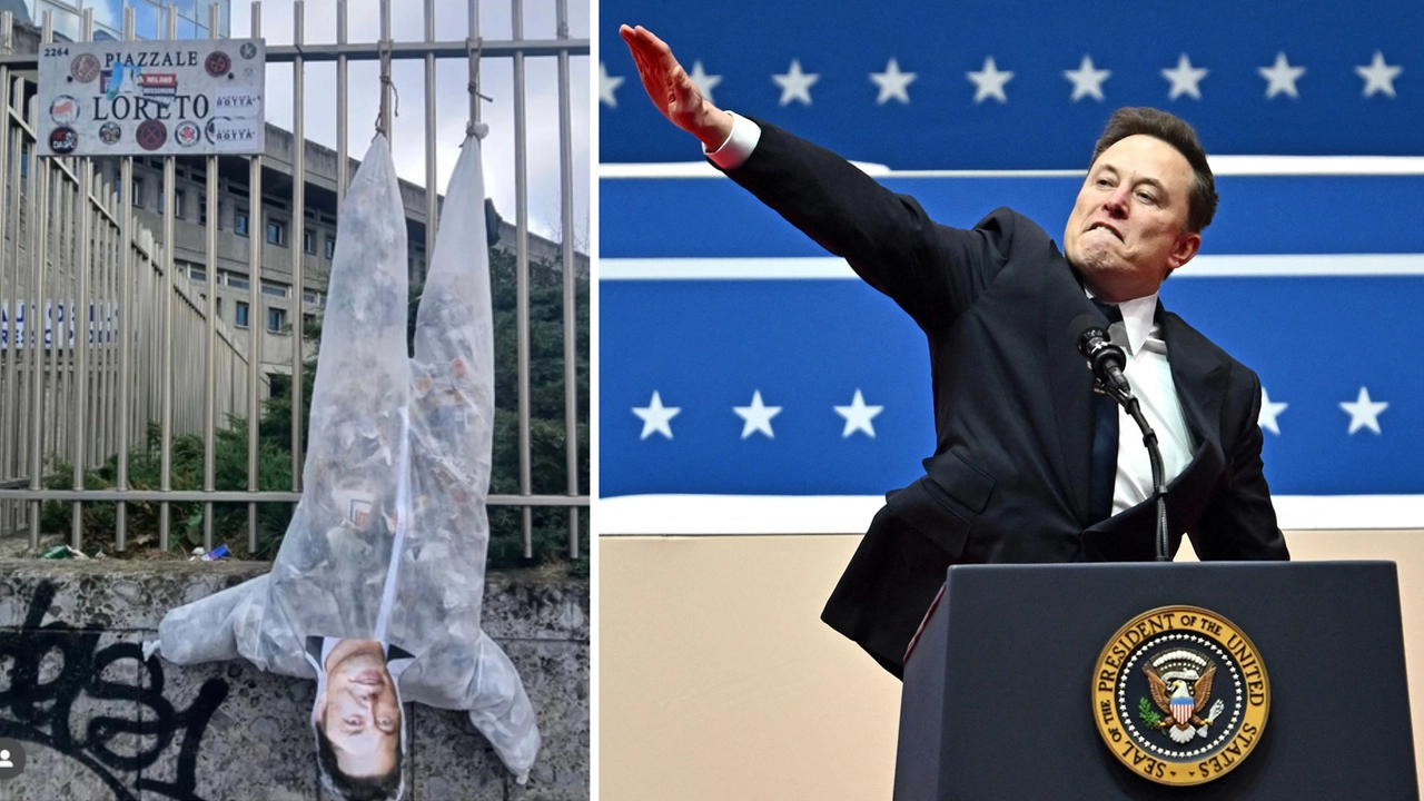 A sinistra, il fantoccio appeso a piazzale Loreto a Milano. A destra, il presunto saluto romano fatto da Elon Musk durante la cerimonia d’insediamento del nuovo presidente americano Donald Trump A sinistra, il fantoccio appeso a piazzale Loreto a Milano. A destra, il presunto saluto romano fatto da Elon Musk durante la cerimonia d’insediamento del nuovo presidente americano Donald Trump
