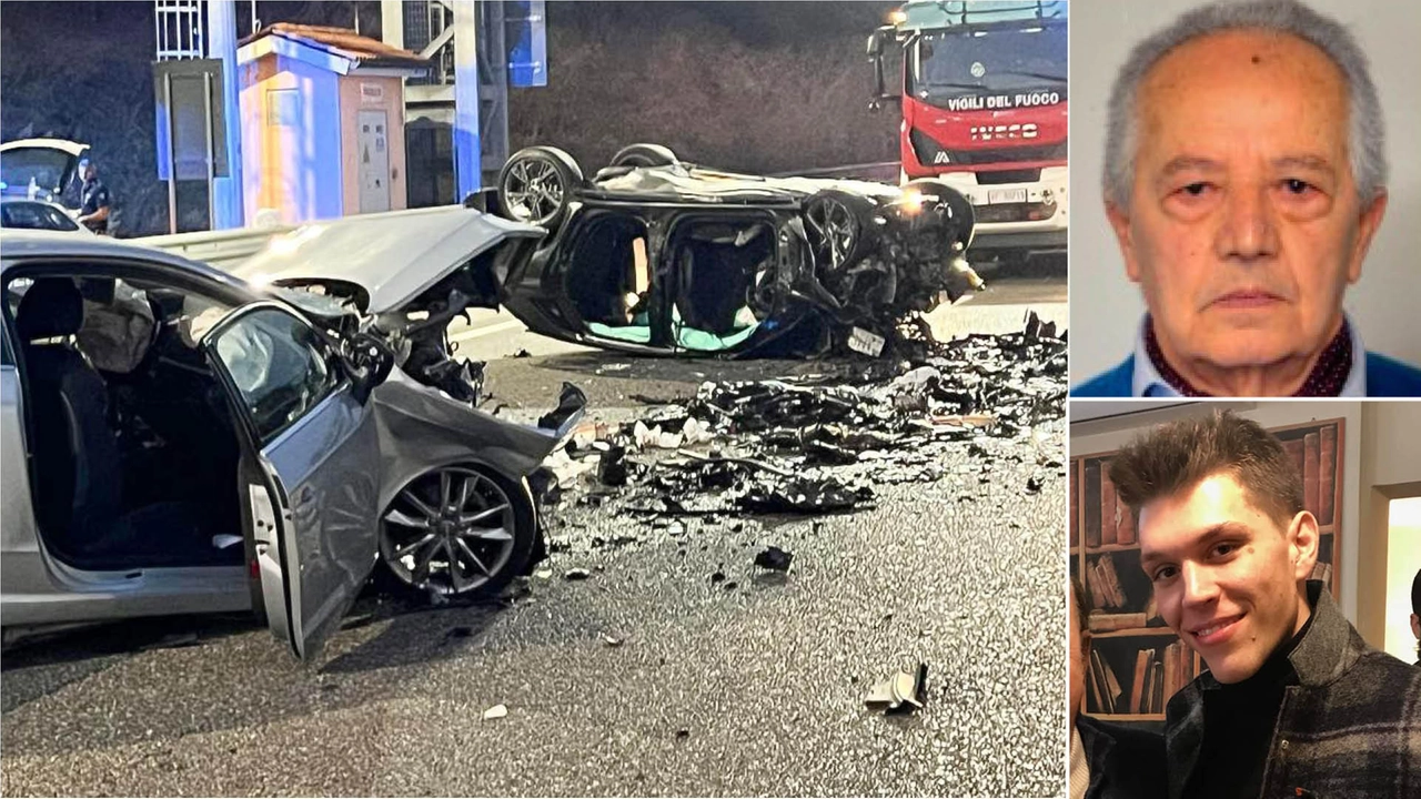 Le auto distrutte nel terribile schianto sulla Corda Molle, il raccordo autostradale tra Ospitaletto-Montichiari. A lato le due vittime, Pietro Meini, 28 anni, e Bruno Agnari, 86enne Le auto distrutte nel terribile schianto sulla Corda Molle, il raccordo autostradale tra Ospitaletto-Montichiari. A lato le due vittime, Pietro Meini, 28 anni, e Bruno Agnari, 86enne