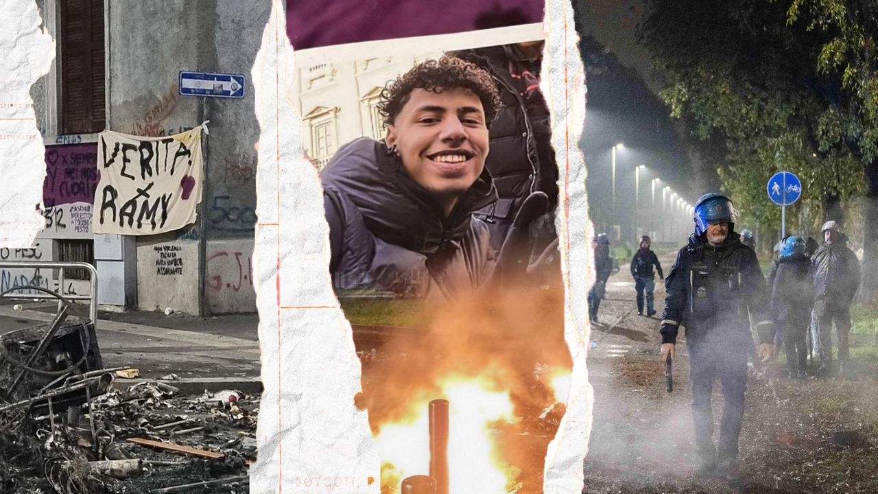 Ramy Elgaml (al centro) e le foto della guerriglia nel quartiere Corvetto di Milano scoppiata a seguito della sua morte