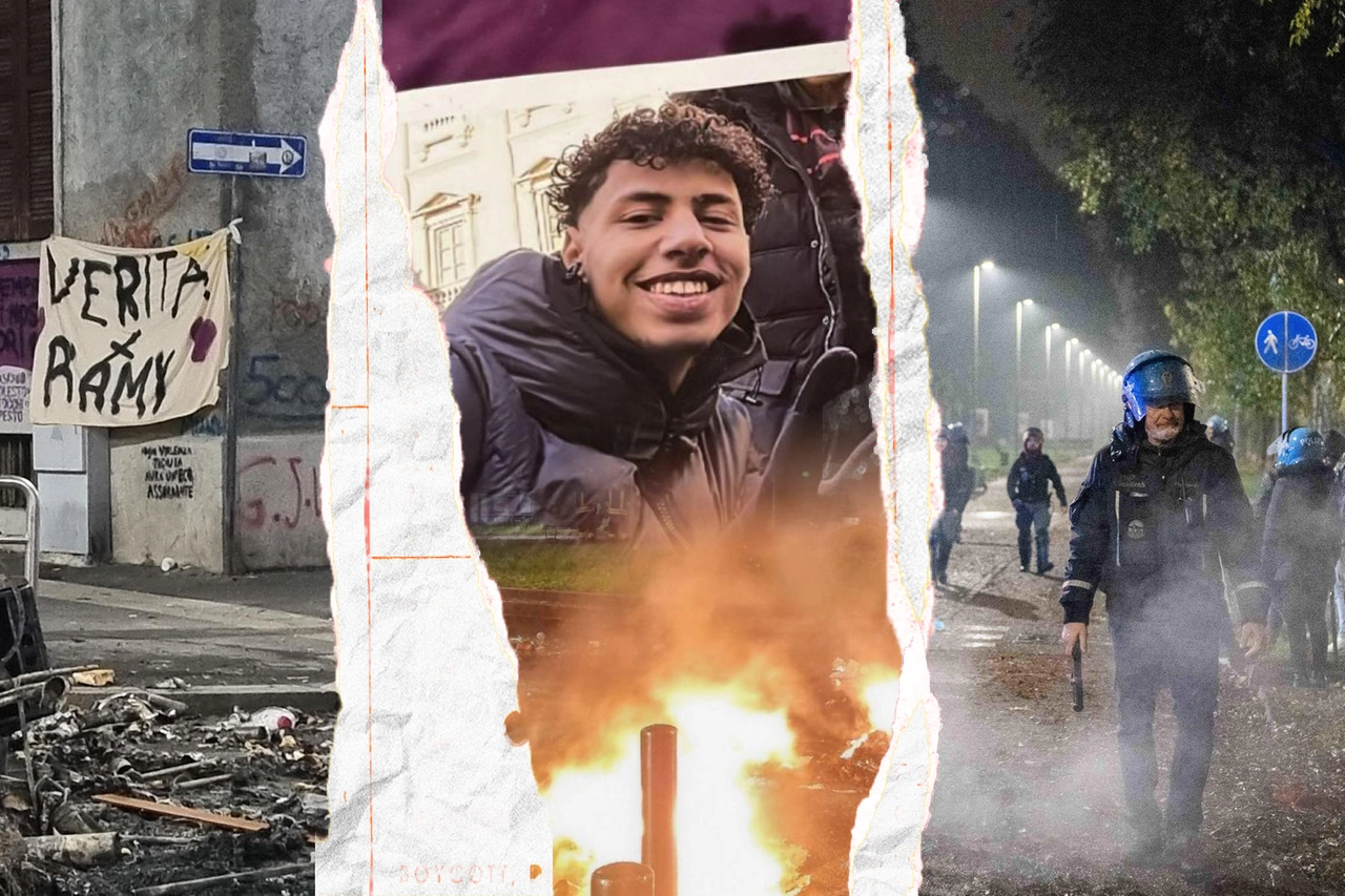 Ramy Elgaml (al centro) e le foto della guerriglia nel quartiere Corvetto di Milano scoppiata a seguito della sua morte