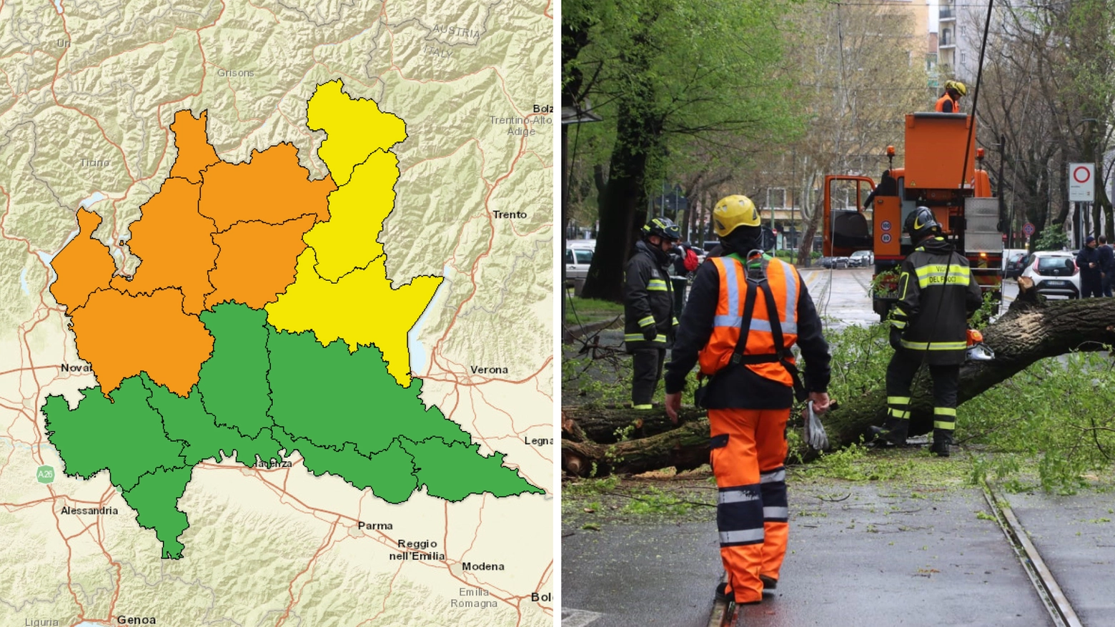 La mappa delle zone interessate dall'allerta meteo e uno degli numerosi interventi dei vigili del fuoco a Milano