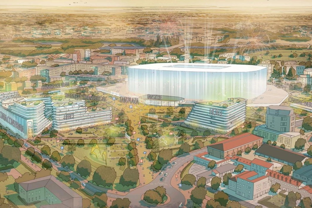 De weergave van het nieuwe San Siro-stadion en de buurt, die echter niet de verschillende kritische stemmen binnen het centrum-links weet te overtuigen