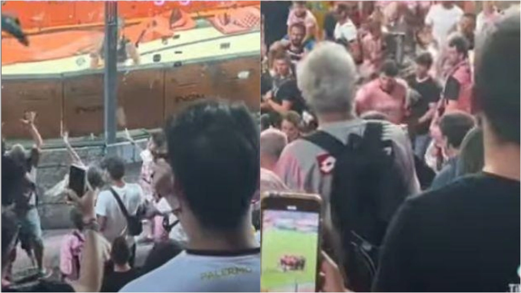 Cremona, Blin lancia la maglietta a una bambina (a sinistra) ma le viene rubata e scoppia una rissa tra tifosi del Palermo (a destra). Frame video TikTok Cremona, Blin lancia la maglietta a una bambina (a sinistra) ma le viene rubata e scoppia una rissa tra tifosi del Palermo (a destra). Frame video TikTok