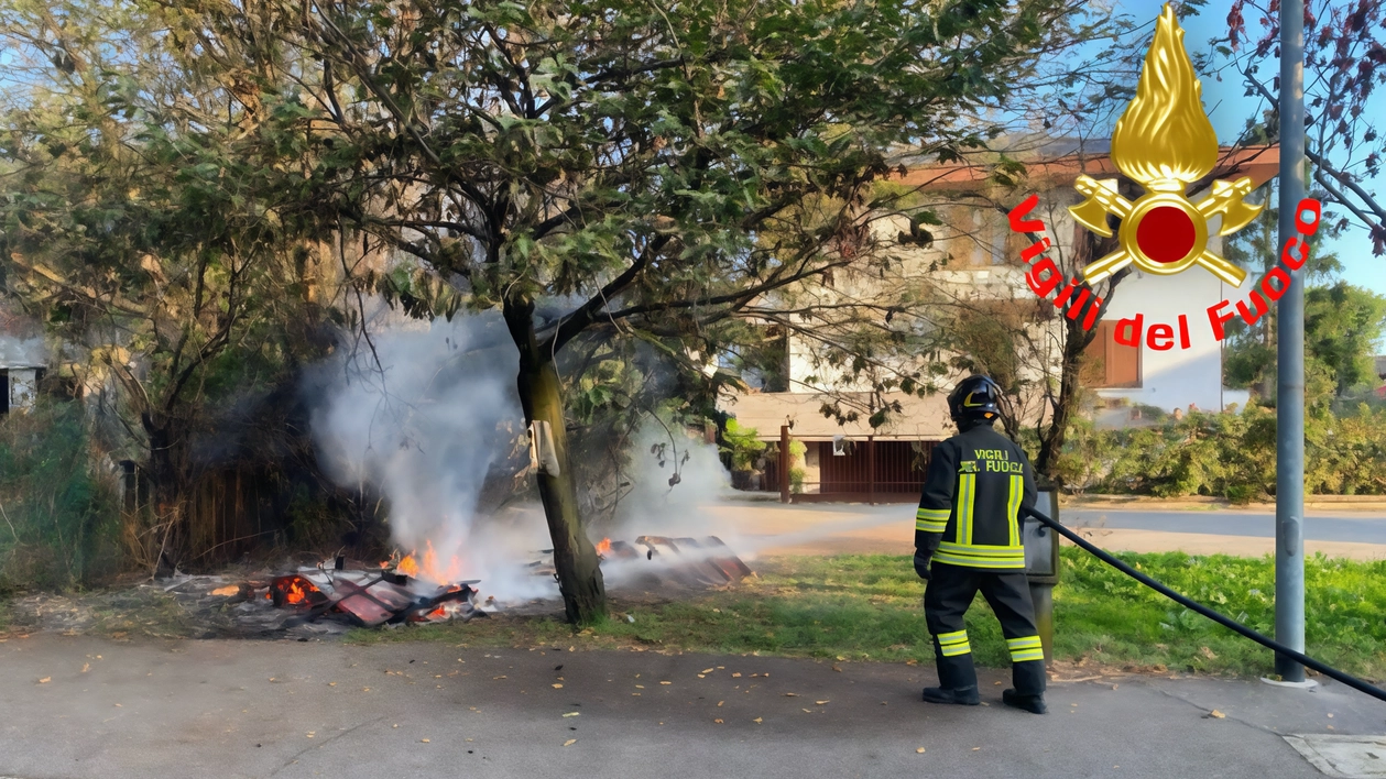 I vigili del fuoco impegnati a spegnere le fiamme delle strutture della colonia felina