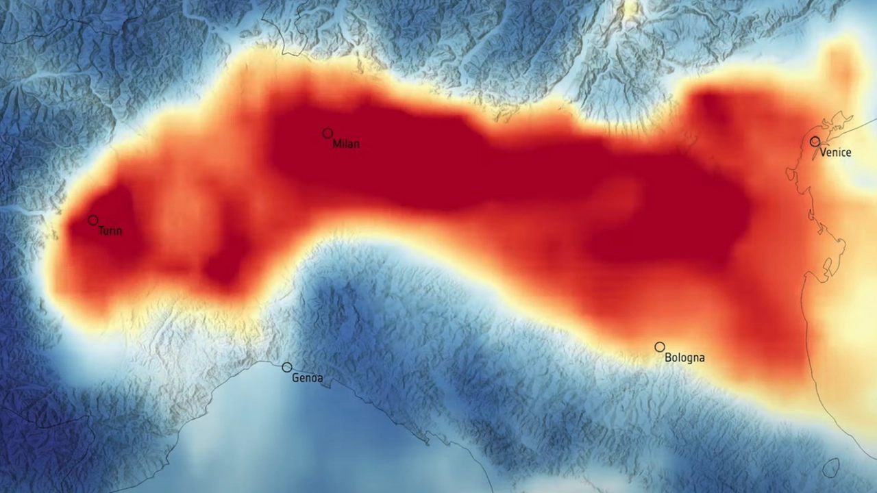 In rosso, l'area della Pianura Padana dove si sono registrare concentrazioni oltre la soglia limite di PM10 In rosso, l'area della Pianura Padana dove si sono registrare concentrazioni oltre la soglia limite di PM10