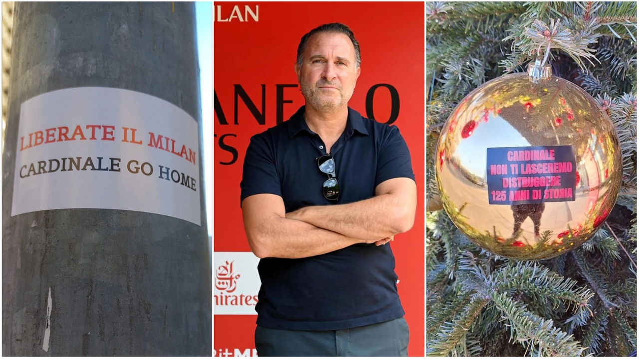 Due adesivi contro Gerry Cardinale (al centro), numero uno di Red Bird, il gruppo che attualmente ha in mano il Milan Due adesivi contro Gerry Cardinale (al centro), numero uno di Red Bird, il gruppo che attualmente ha in mano il Milan