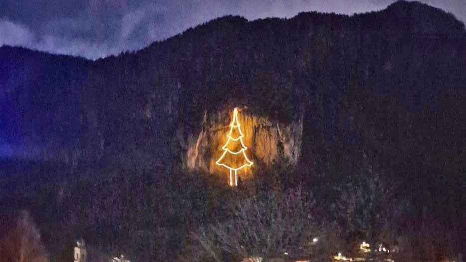 Il maxi abete di luminarie apparso sulla parete Il maxi abete di luminarie apparso sulla parete