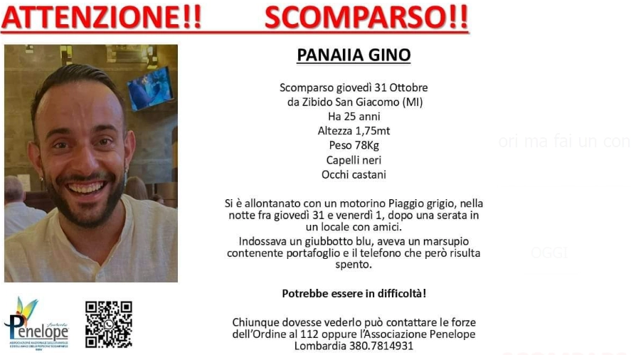 L'appello per il giovane scomparso a Zibido San Giacomo