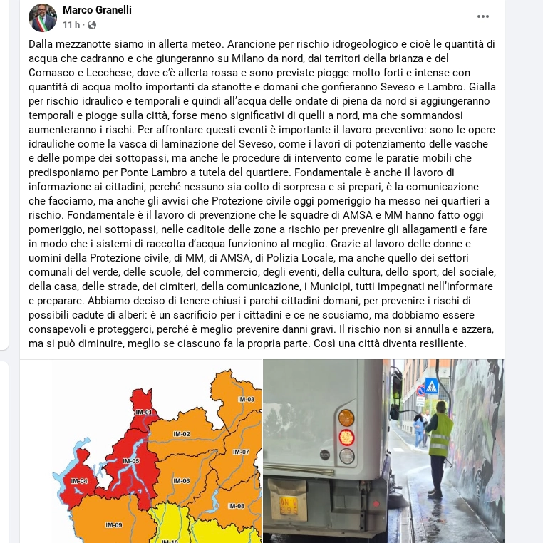 Il post facebook dell'assessore Marco Granelli