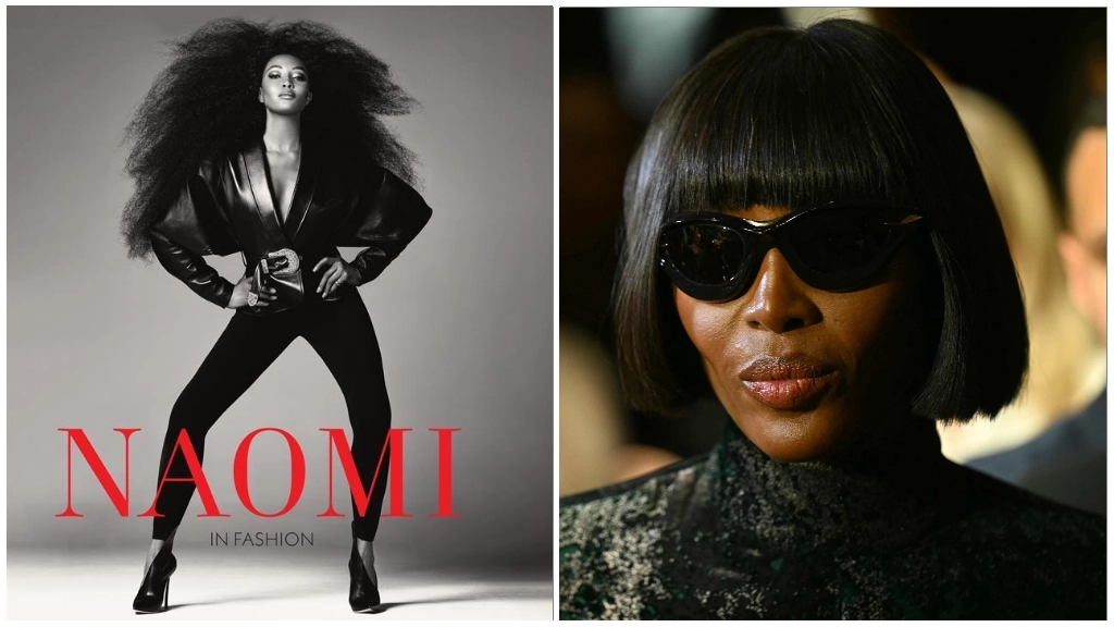 La copertina del libro "Naomi in fashion"; a destra, Naomi Campbell a Milano La copertina del libro "Naomi in fashion"; a destra, Naomi Campbell a Milano